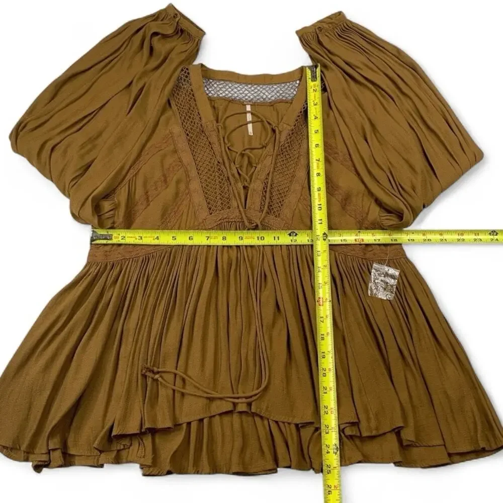 Free People Fairy Grunge Blouse XS Brown Gingersnap Lace Up Balloon Sleeve Top